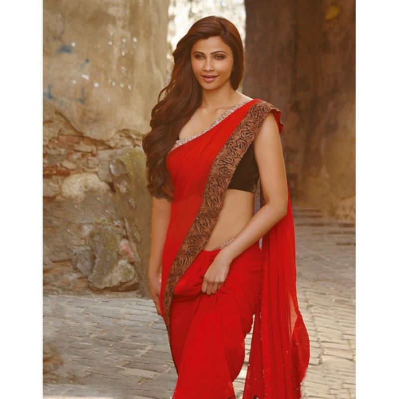 Daisy Shah Bollywood Design Fancy Red Crepe Saree