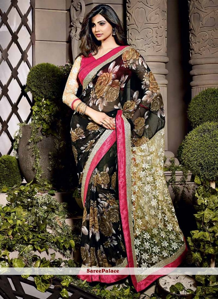 Daisy Shah Style Black Shaded Faux Georgette Saree