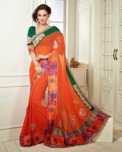 Evelyn Sharma In Orange & Green Saree