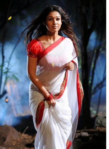 Nayantara photos in white Saree with red border from tamil movies.